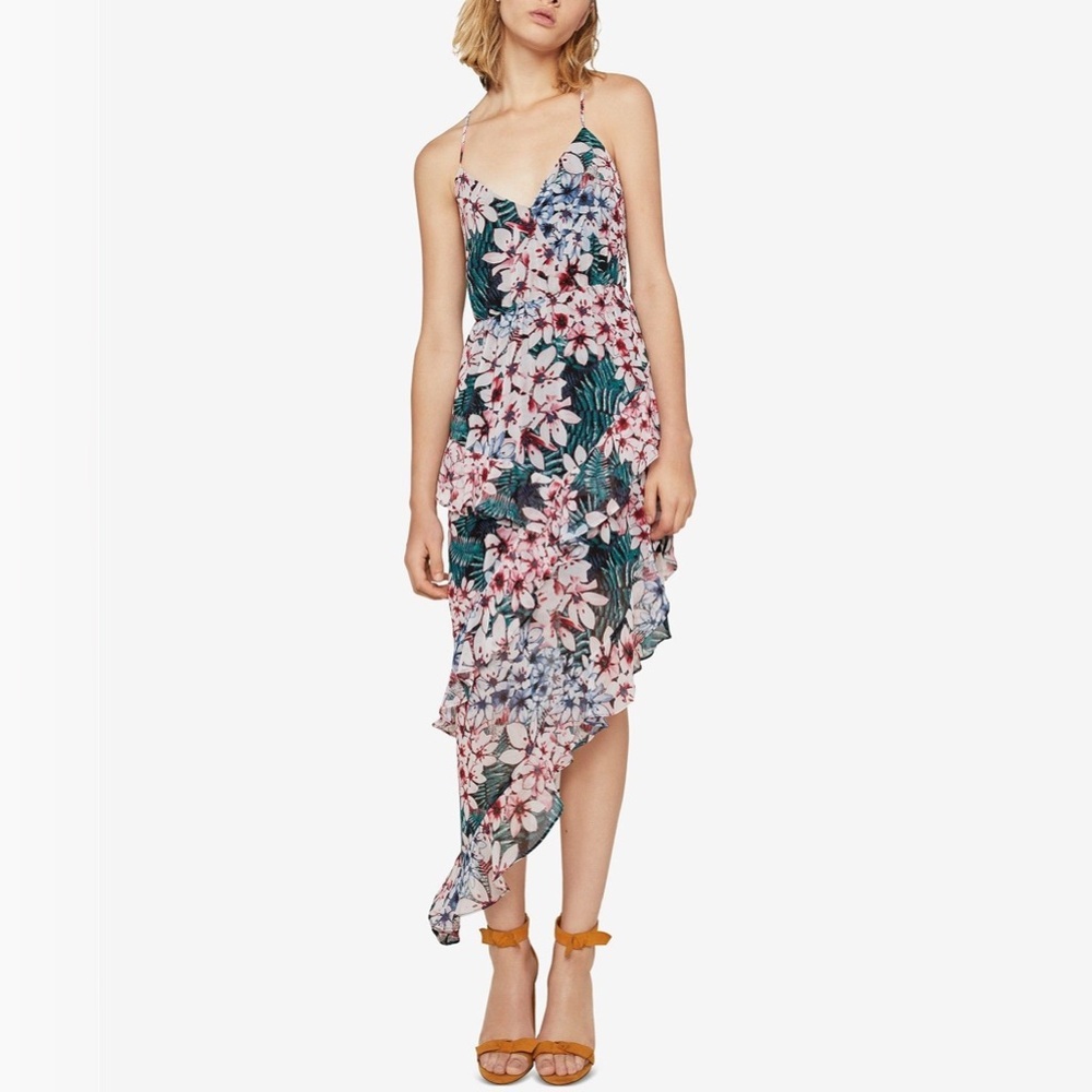 BCBG Tropical Floral Print Dress with Tiered Sheer Overlay